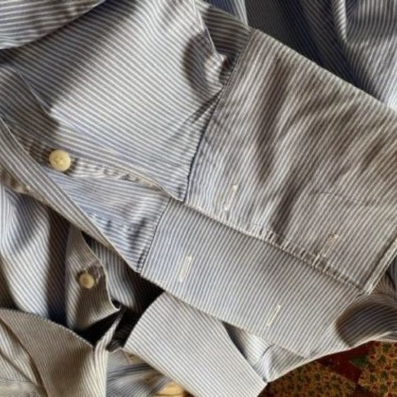 ALFANI * BLUE WHITE Stripe DRESS SHIRT * cufflinks * Chest Pocket * 16.5 * 32-33 - Picture 8 of 11